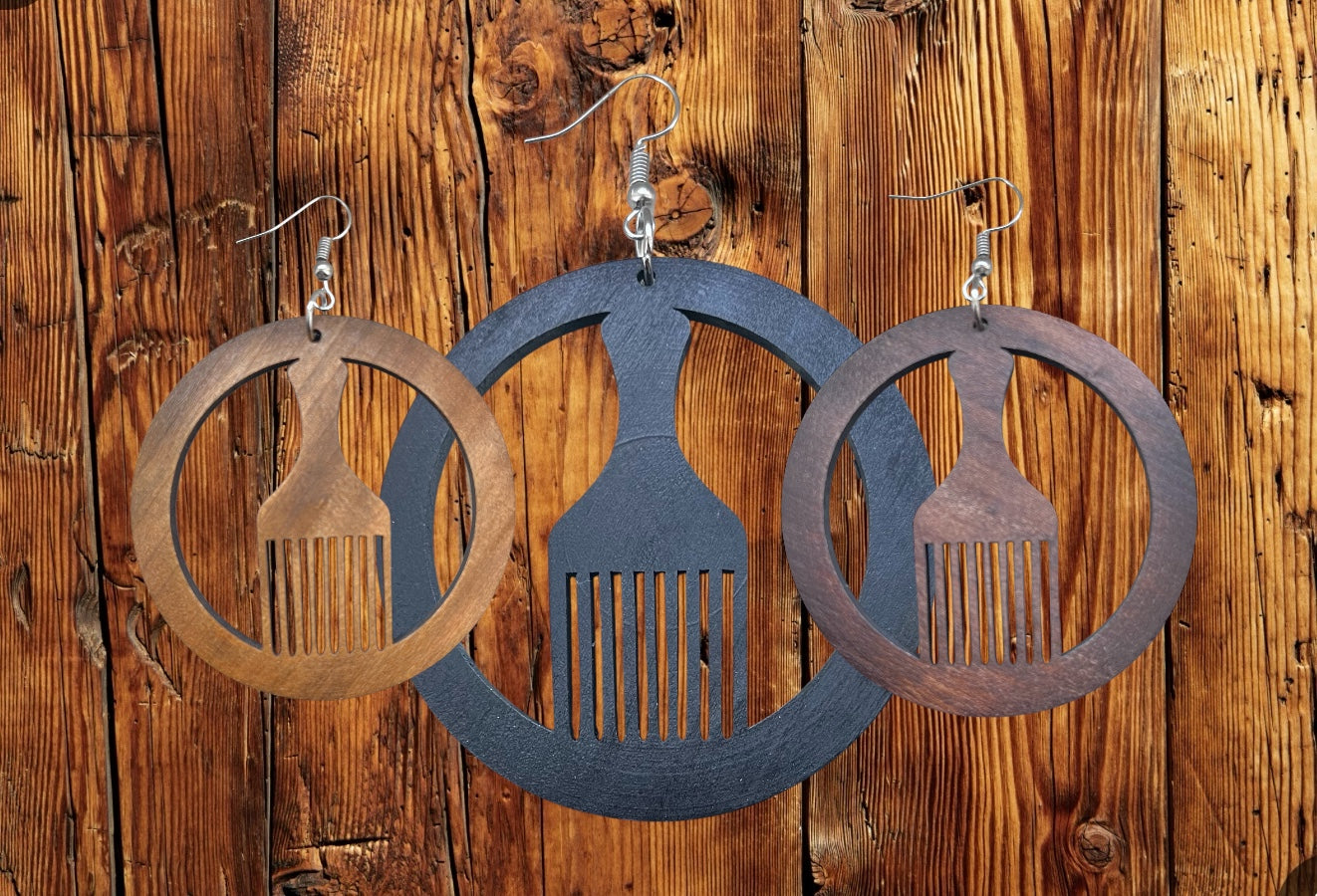 Hoop Afro Pic Wood Earrings