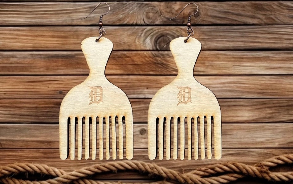 Old English D Afro Pic Wood Earrings