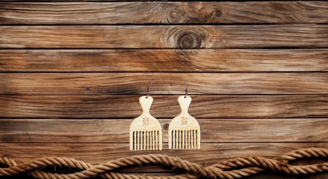 Old English D Afro Pic Wood Earrings