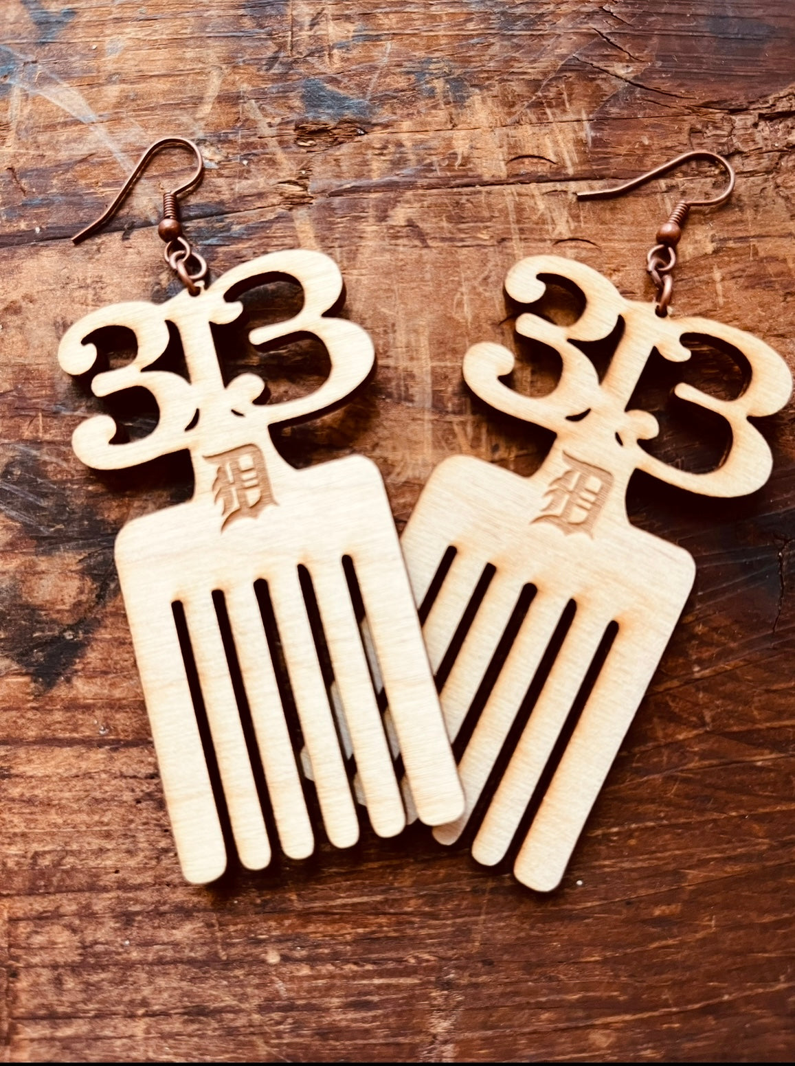 313 Afro Pic Wood Earrings